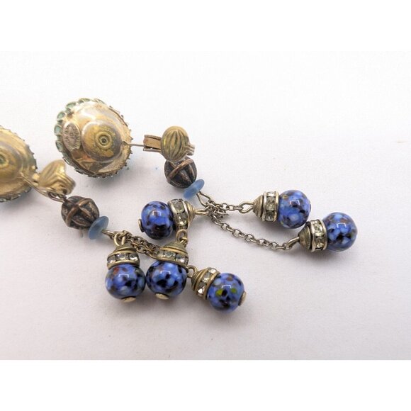 Vtg Beaded Faux Art Glass Rhinestone Dangle Drop Earrings By Kramer Of NY 3" HTF - Picture 5 of 16